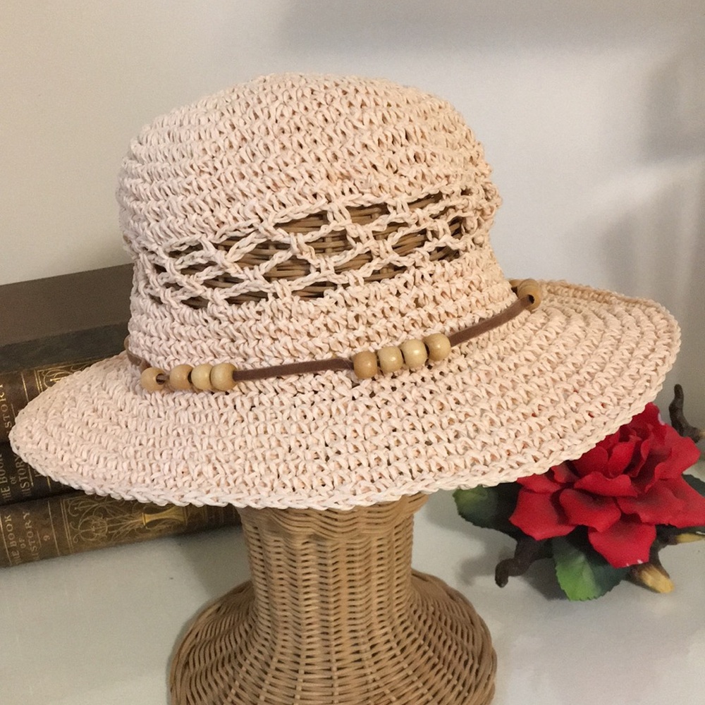 Pale Pink Woven Women's Summer Hat with Beaded Detail